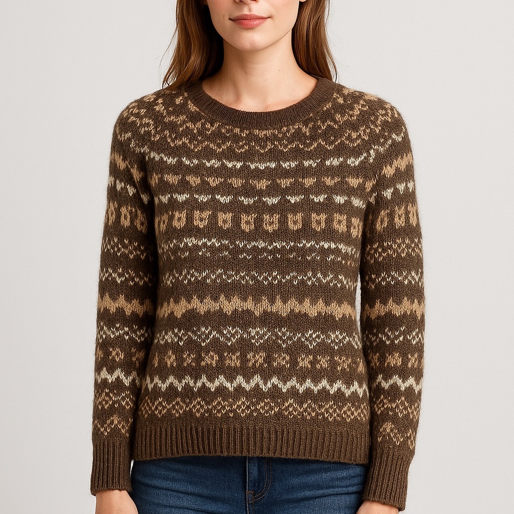 Free People Fair Isle Wool Blend Sweater Brown Cream Pattern Size Small